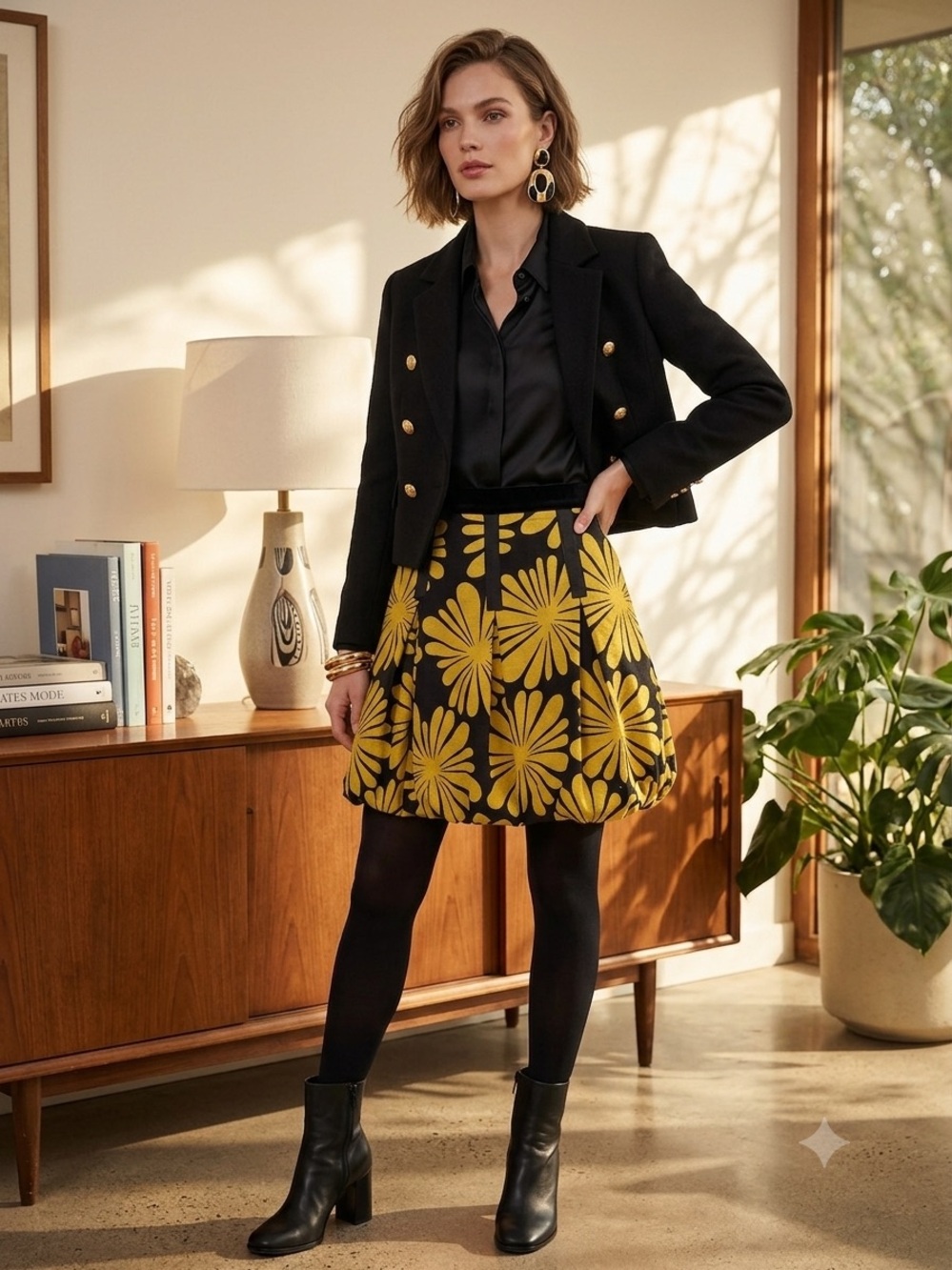 INC Vintage MOD Linen Black Bubble Skirt w/Yellow Floral Print SZ 14